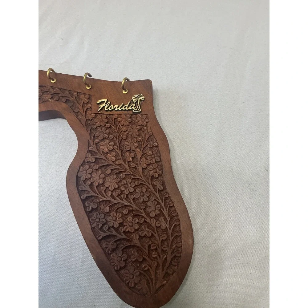 Vintage FL State Shaped Hand Carved Wood Key Holder Wall Decor 4 Hooks India